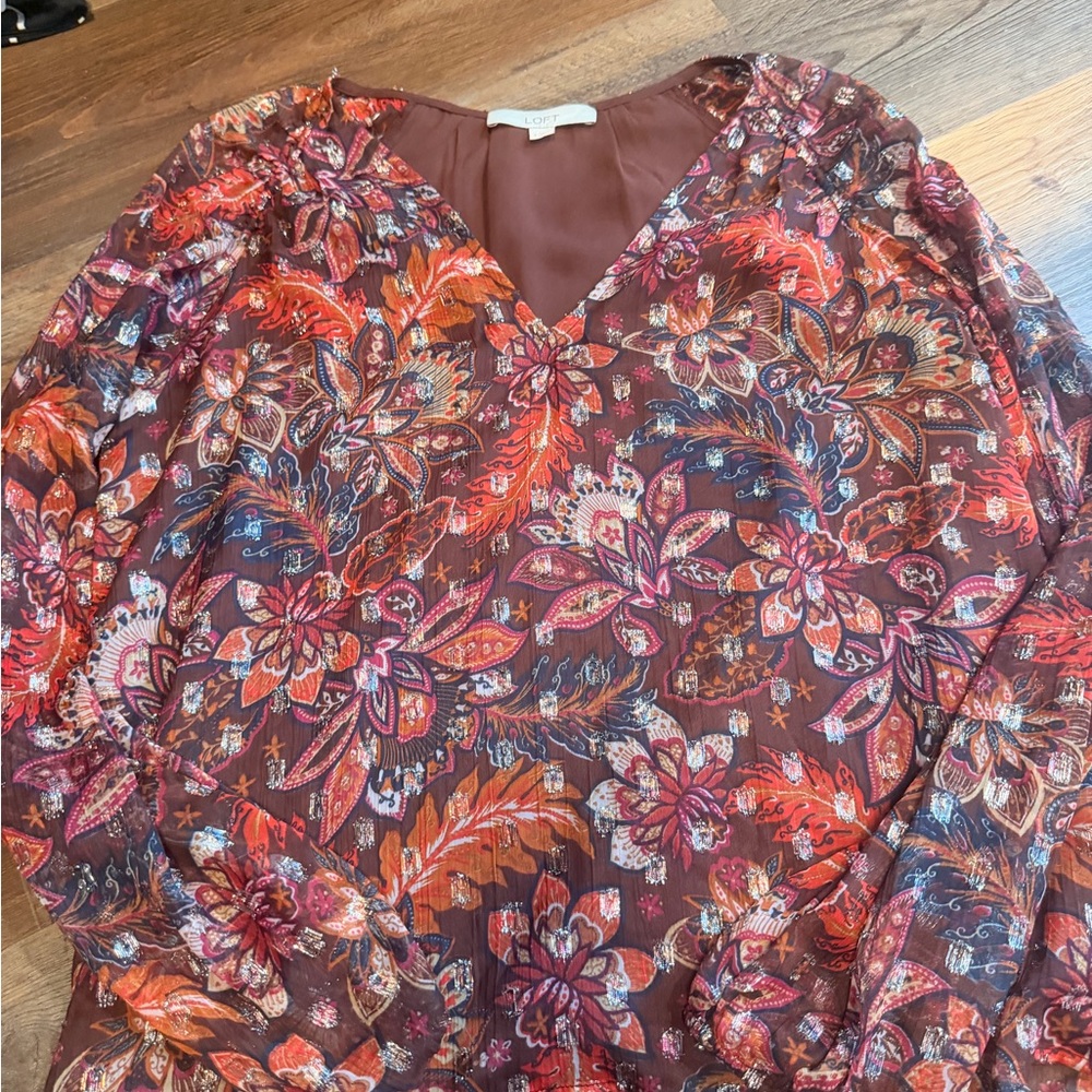 Vince Camuto Floral V-Neck Long-Sleeve Blouse - Rust Multicolor